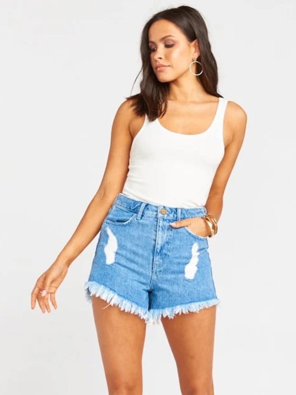 Show Me Your Mumu Houston High-Rise Distressed Frayed Hem Denim Shorts